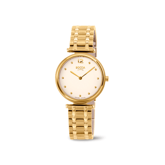 Boccia Damenarmbanduhr mit rundem, goldenem Gliederarmband und weißem Zifferblatt
