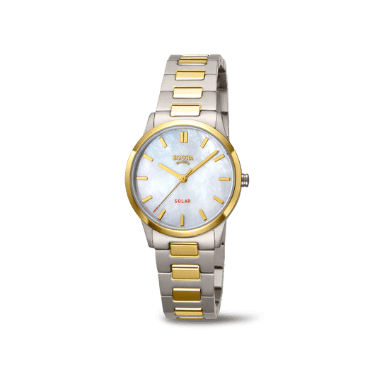Damen-Armbanduhr aus Titan, teilvergoldet, Solar, weißes Zifferblatt mit goldenen Akzenten