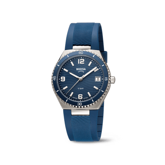 Damenarmbanduhr mit blauem Zifferblatt, Datumsanzeige und blauem Kautschukband