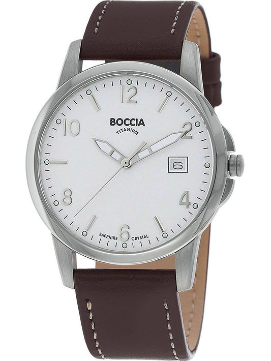 Boccia Damenuhr mit weißem Zifferblatt, braunem Lederarmband und Titan-Gehäuse