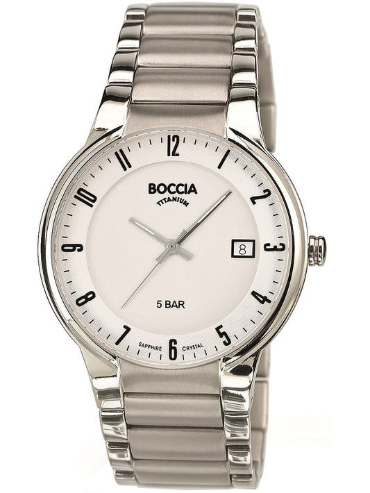 Herrenarmbanduhr Boccia Titanium mit silbernem Metallarmband, weißem Zifferblatt und Datumsanzeige