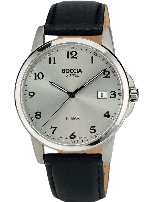 Boccia Herrenuhr mit schwarzem Lederarmband, silbernem Titan-Gehäuse und weißem Zifferblatt.