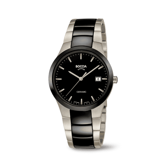 Herrenarmbanduhr Boccia mit schwarzem Zifferblatt, silbernem Titan-Keramikarmband und Datumsanzeige