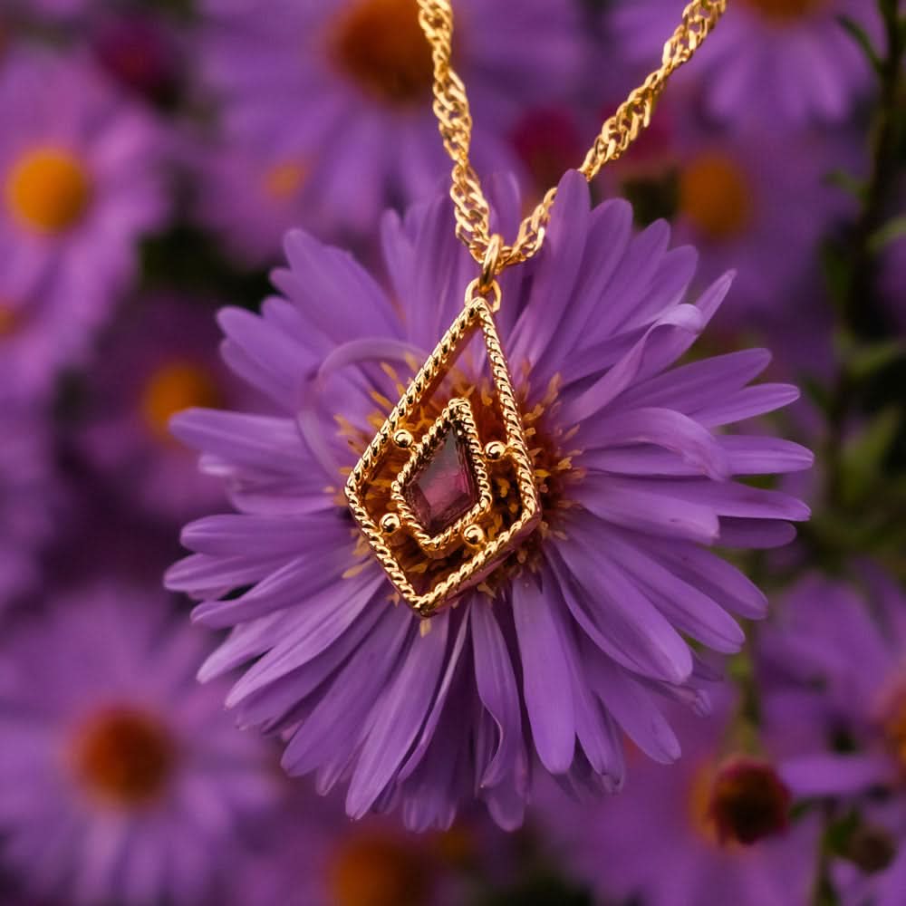 Collar dorado con colgante de gota y piedra roja enmarcada