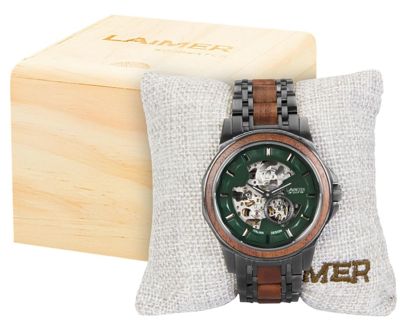Pulsera de hombre con esfera verde, correa de acero negra e incrustaciones de madera