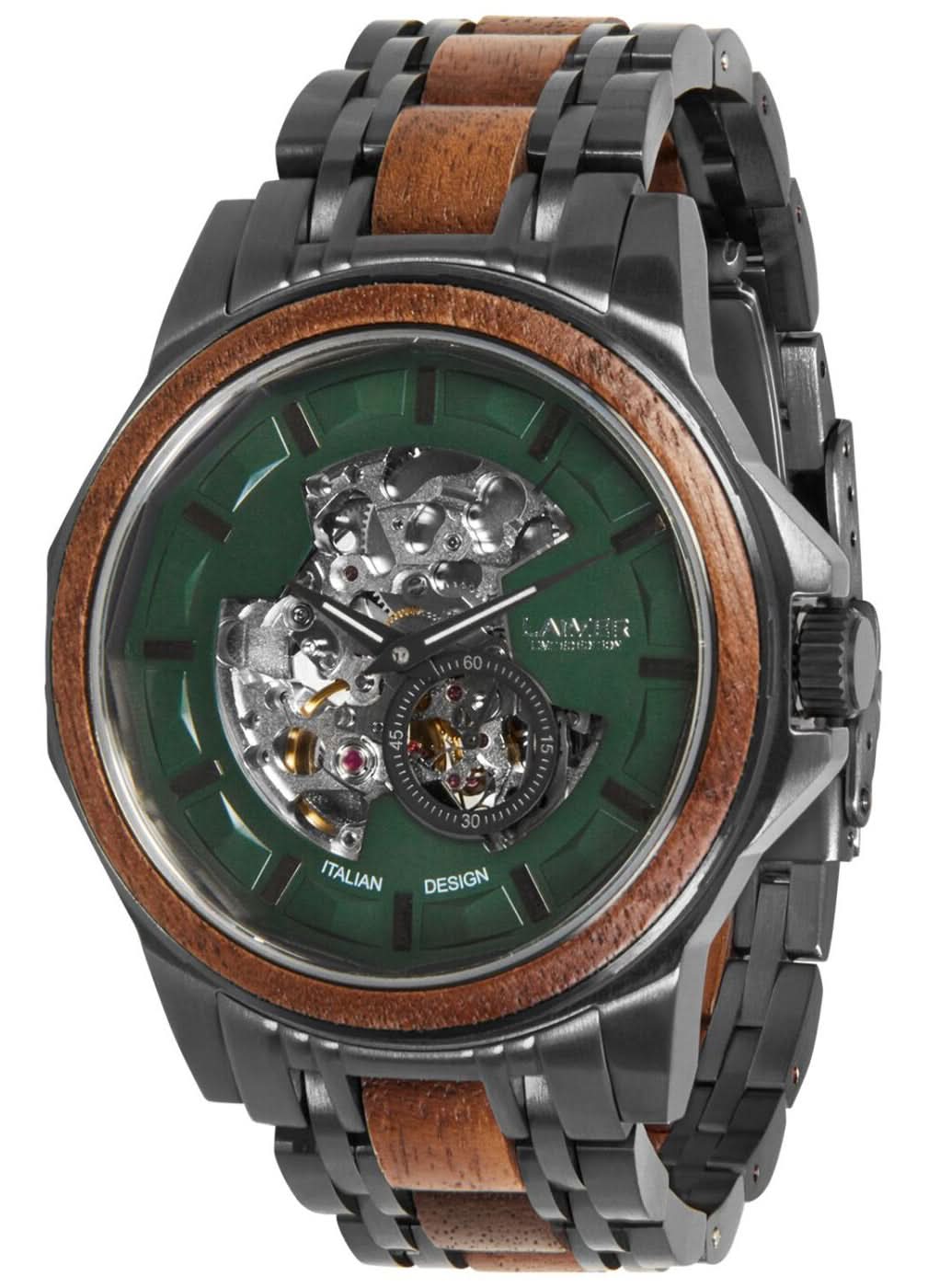 Reloj automático para hombre con esfera verde, movimiento visible, correa de acero negra con madera