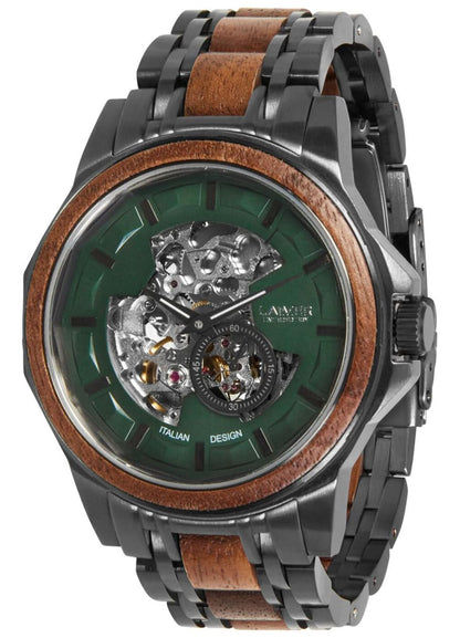 Reloj automático para hombre con esfera verde, movimiento visible, correa de acero negra con madera