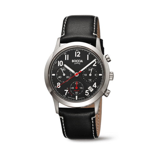 Herrenarmbanduhr mit schwarzem Lederband, schwarzem Chronographenzifferblatt und roten Zeigern