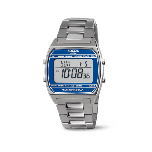 Boccia Unisex-Digitalarmbanduhr mit Metallarmband und blauem Display