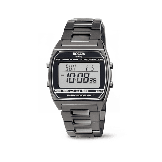 Herren-Digitalchronograph mit Edelstahlband, dunkles Display und Metallgehäuse, Boccia