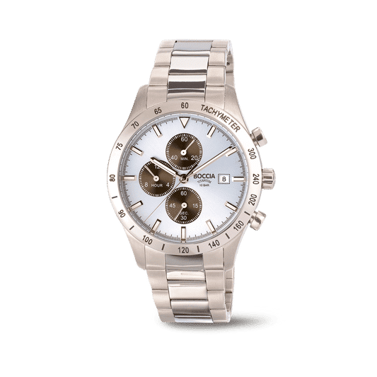 Boccia Herren-Armbanduhr mit Chronograph, Tachymeter-Lünette und weißem Zifferblatt, Titanband