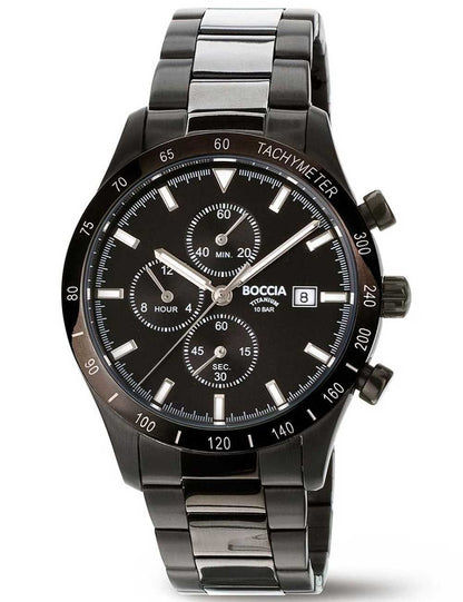 Boccia Titanium 3739-02 Herrenuhr Schwarz • Chronograph mit Datum • Gehärtetes Mineralglas