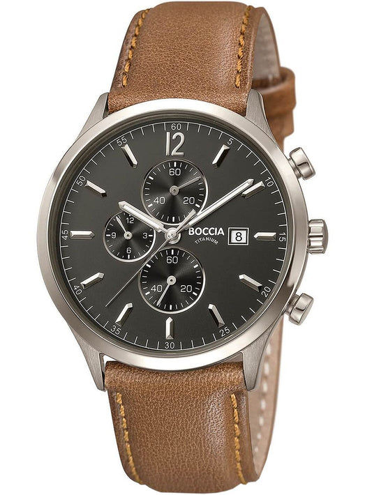 Boccia Herren-Chronograph: Titan-Gehäuse, braunes Lederband, schwarzes Zifferblatt