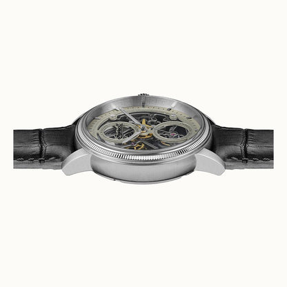 Ingersoll Herrenarmbanduhr, Gehäuseboden mit sichtbarem Automatikwerk auf schwarzem Band