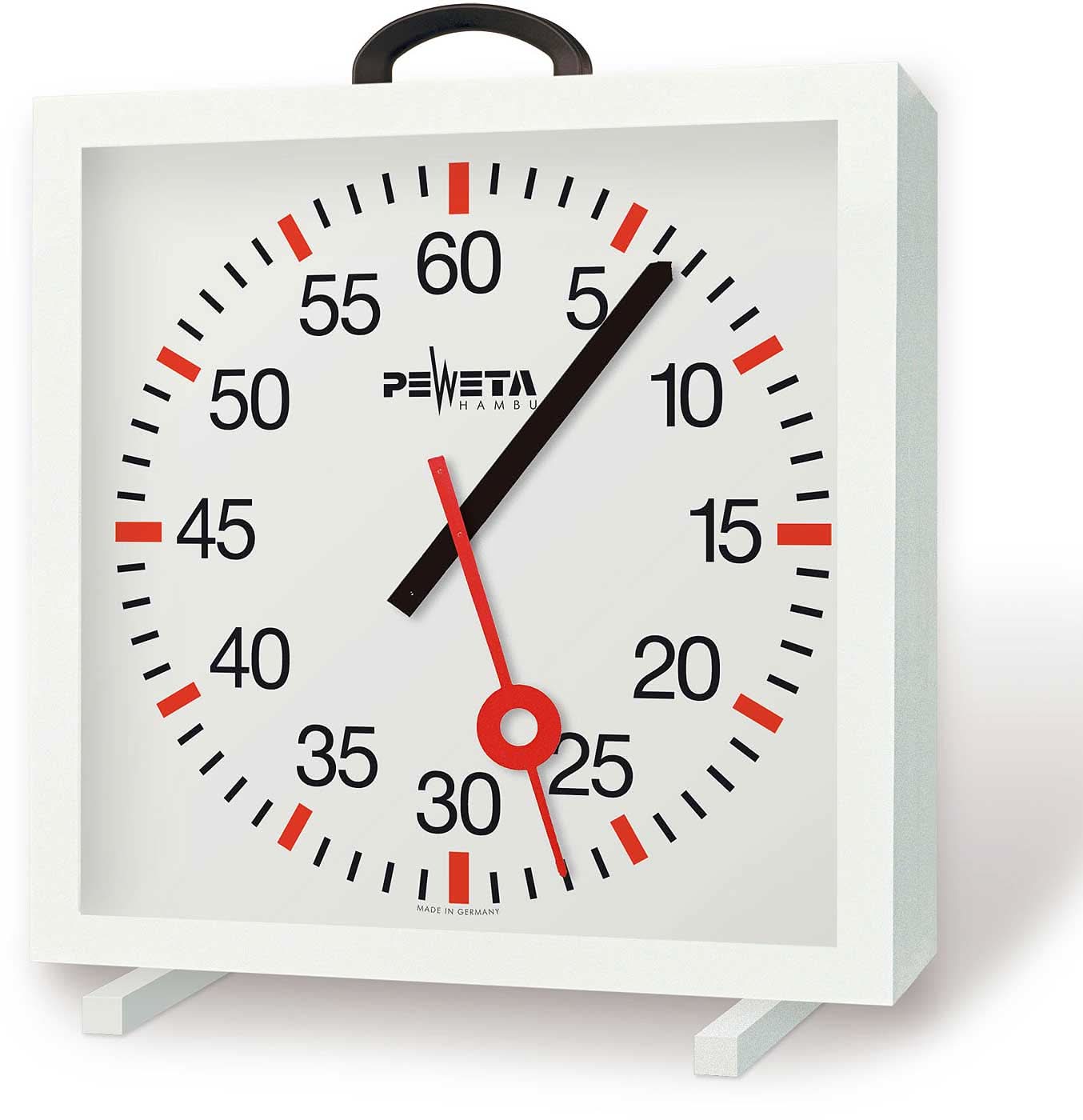 Reloj de pared con esfera blanca, manecillas negras y detalles rojos en caja metálica