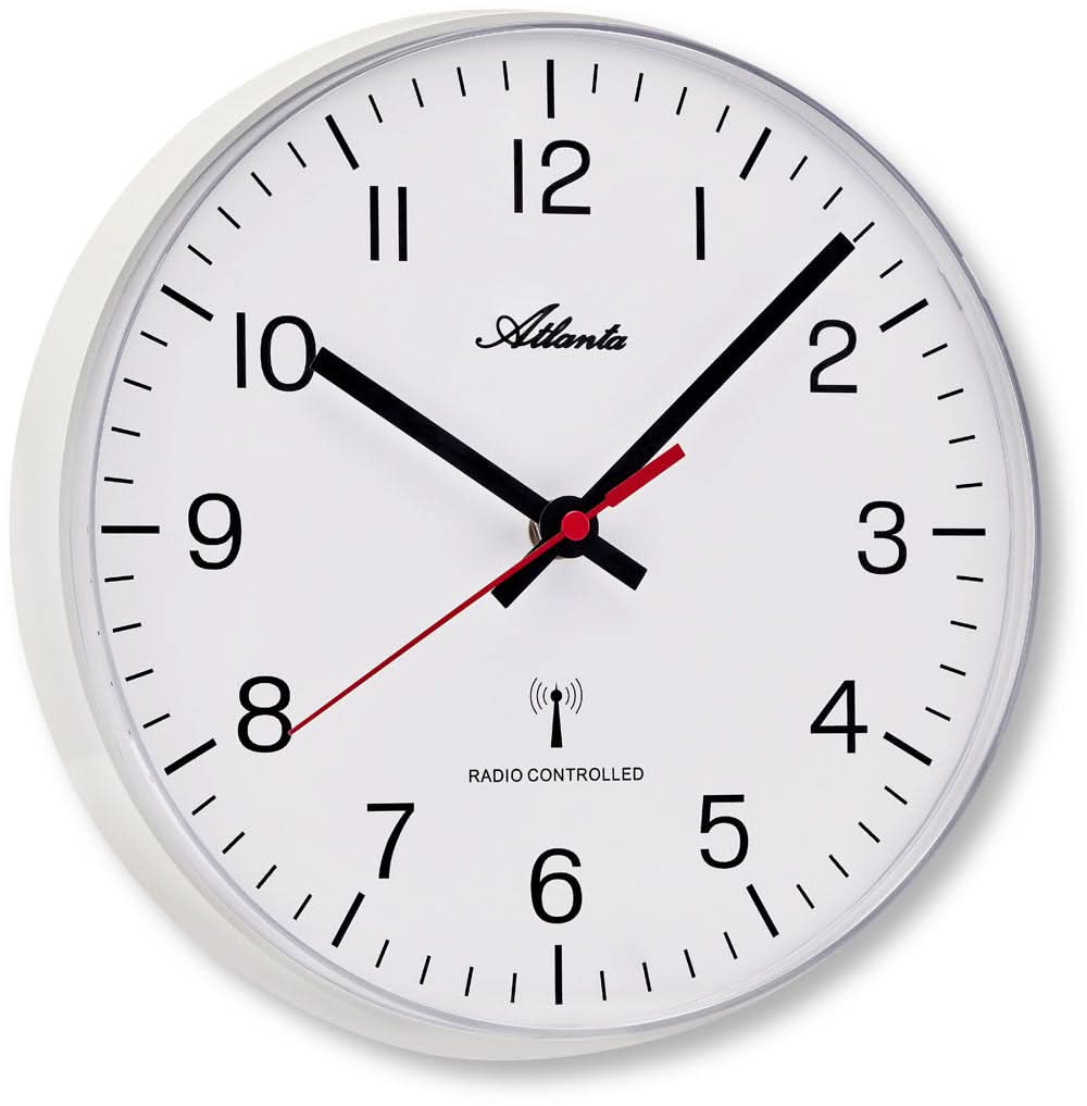 Reloj de pared redondo con esfera blanca, manecillas negras y detalles rojos, inscription Atlanta