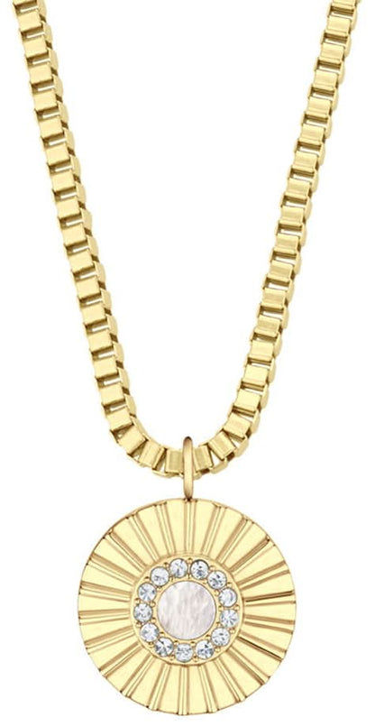 Collar dorado de acero inoxidable con colgante redondo y patrón de rayos con circonita