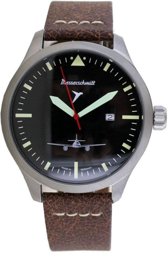 Reloj de hombre Messerschmitt con esfera negra, correa de cuero marrón y visualización de fecha