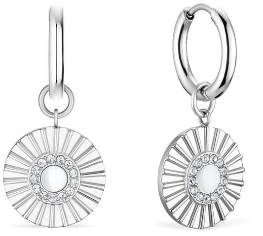Pendientes de aro plateados con colgantes redondos de sol y piedras decorativas