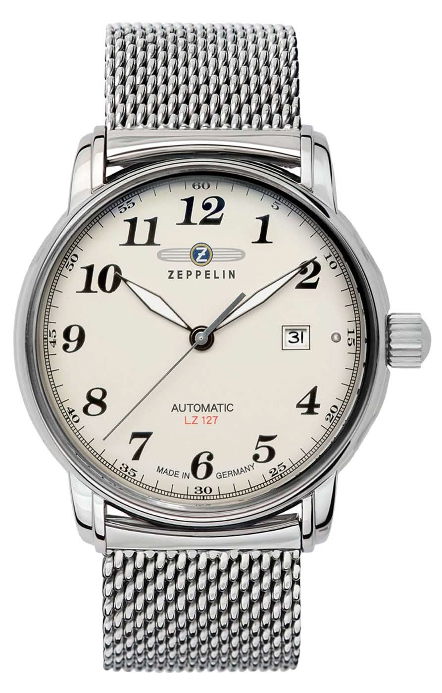 Reloj automático para hombre con correa de malla plateada, esfera color crema y fecha