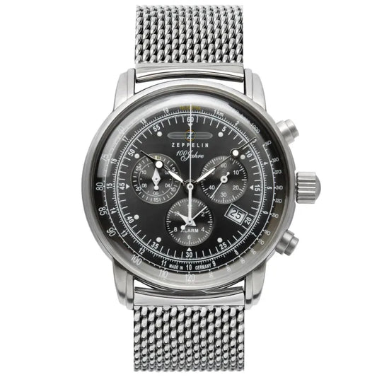 Zeppelin Herren-Chronograph Armbanduhr mit schwarzem Zifferblatt und Stahl-Meshband