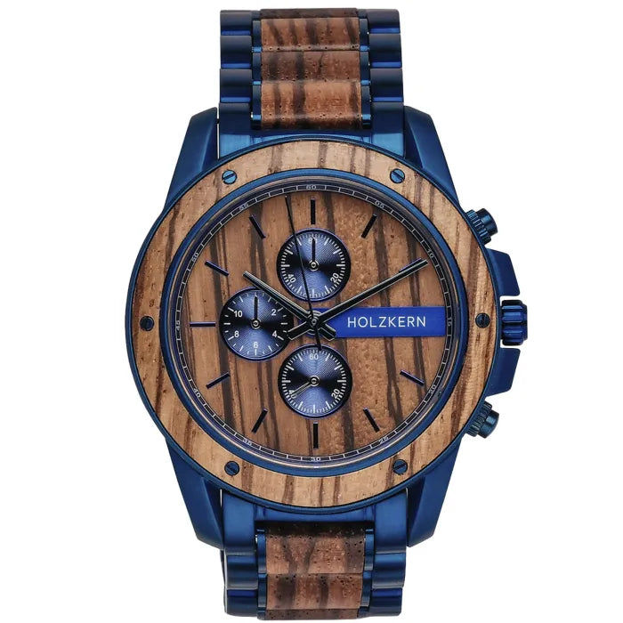 Holzkern Gareth Armbanduhr Blau-Braun • Quarzwerk • Edelstahl & Holz