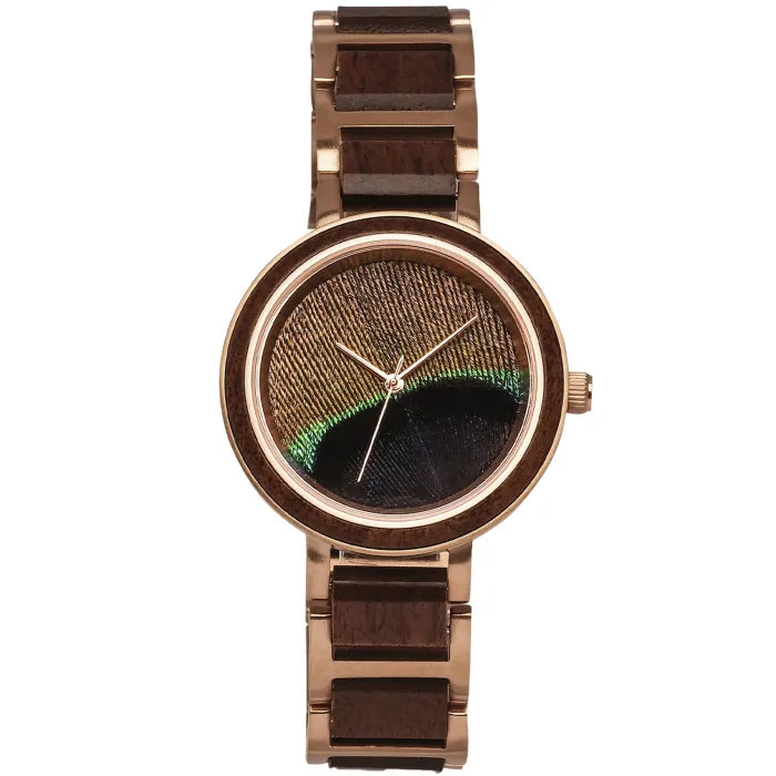 Holzkern The Optimist Damen Armbanduhr • Pfauenfedern-Zifferblatt • Holz-Edelstahl-Armband