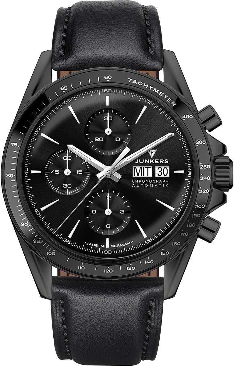Reloj Junkers para hombre con esfera negra, taquímetro y correa de cuero negra