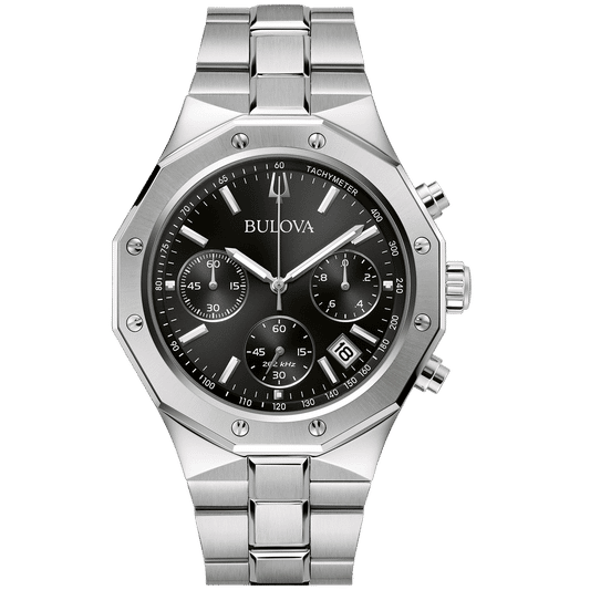 Bulova Herren-Chronograph mit schwarzem Zifferblatt und Edelstahlarmband