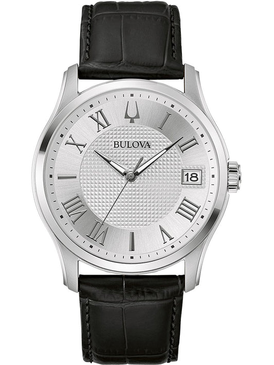 Herrenarmbanduhr Bulova mit silbernem Gehäuse, schwarzem Lederband und Strukturzifferblatt