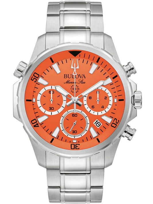 Herrenchronograph Bulova Marine Star Uhr mit orangefarbenem Zifferblatt und Stahlarmband