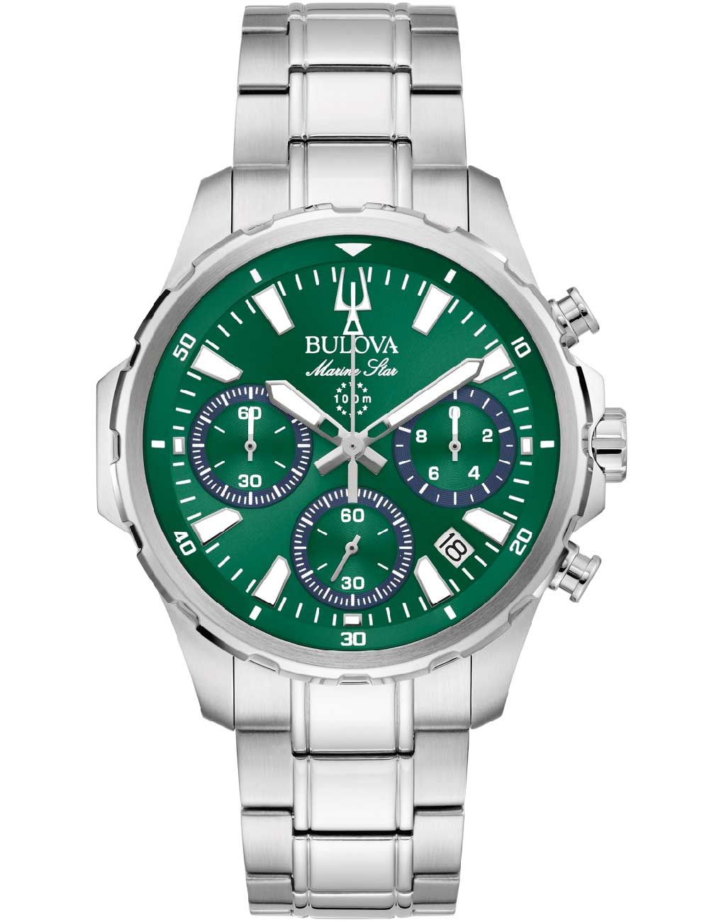 Męski zegarek typu chronograf z zieloną tarczą, stalową bransoletą i srebrną lunetą