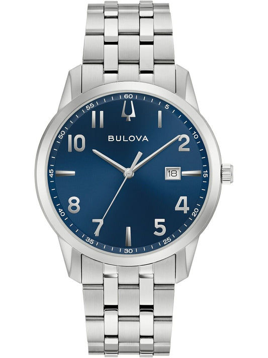 Herrenarmbanduhr Bulova mit blauem Zifferblatt, Edelstahlarmband und Datumsanzeige