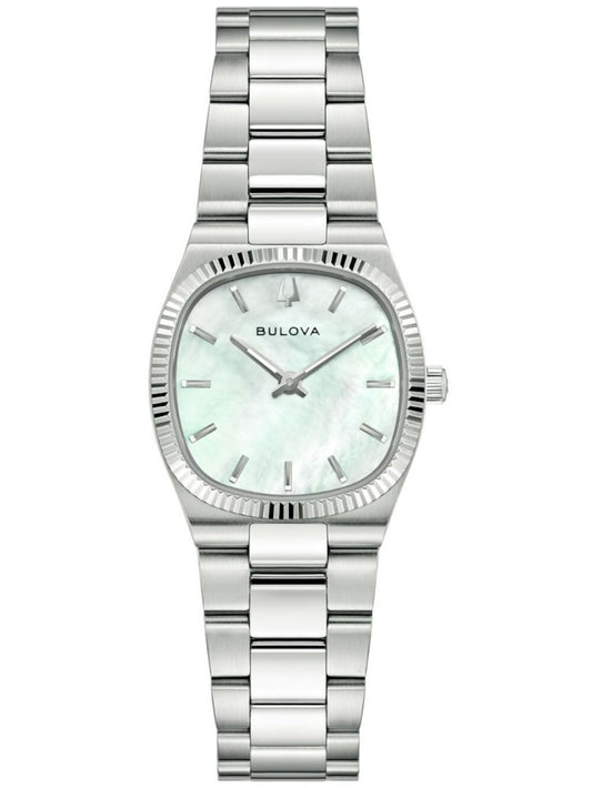 Bulova Damenarmbanduhr mit silbernem Metallarmband und weißem Perlmutt-Zifferblatt