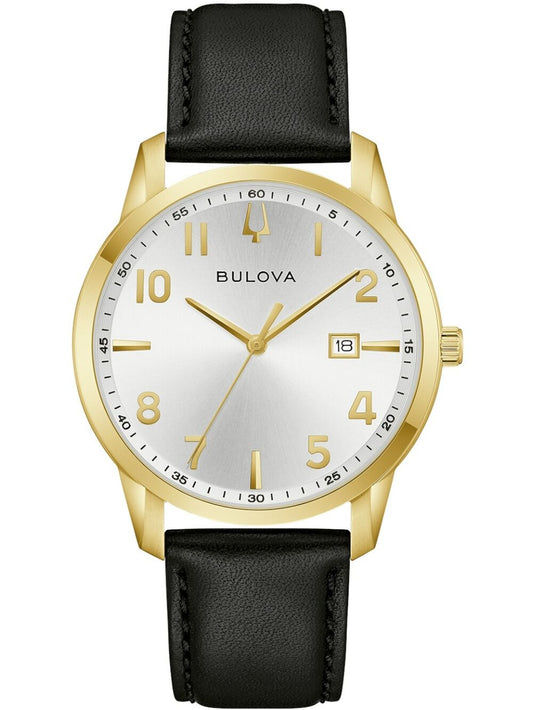 Herrenarmbanduhr Bulova mit weißem Zifferblatt, goldfarbenem Gehäuse, schwarzem Lederband