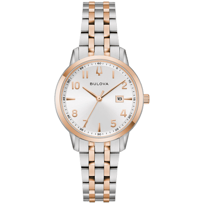 Bulova Classic 98M140 Damenuhr Silber • Bicolor Roségold • Gebogenes Kristallglas