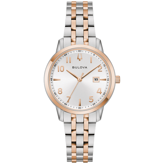 Bulova Damenuhr mit silbernem Zifferblatt und bicolor Metallarmband, römische Zahlen