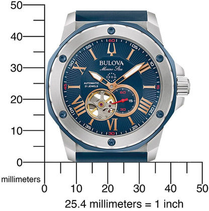 Reloj de hombre con esfera azul, caja plateada y movimiento automático visible