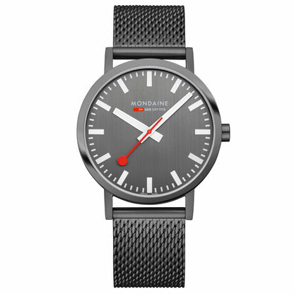 Mondaine Classic Herrenuhr mit dunkelgrauem Zifferblatt, roten Sekundenzeiger und Milanaiseband