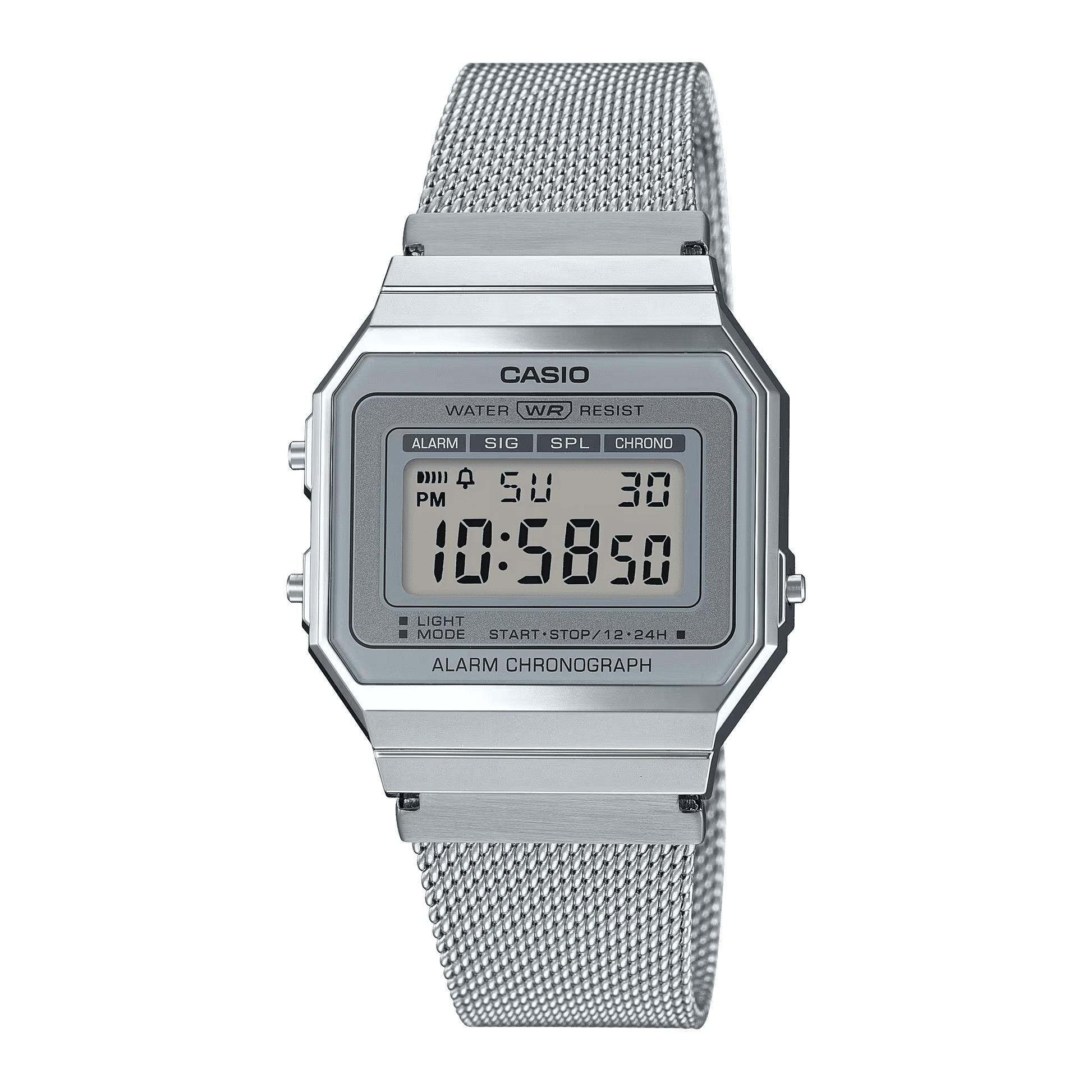 Casio Vintage-klocka med silverfärgat metallarmband och digital LCD-display