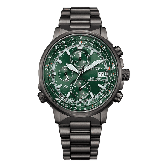 Herrenarmbanduhr mit grünem Zifferblatt, schwarzen Chrono-Subdials und schwarzem Metallarmband