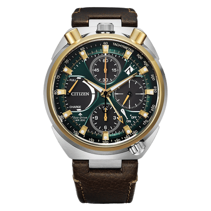Citizen Promaster Land Herrenarmbanduhr mit grünem Zifferblatt, Lederarmband, Chrono-Optik