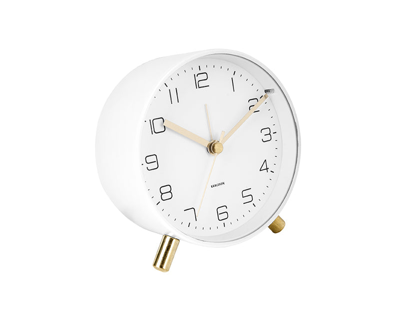 Weißer analoger Wecker mit goldenem Sockel und Ziffernblatt, runde Form