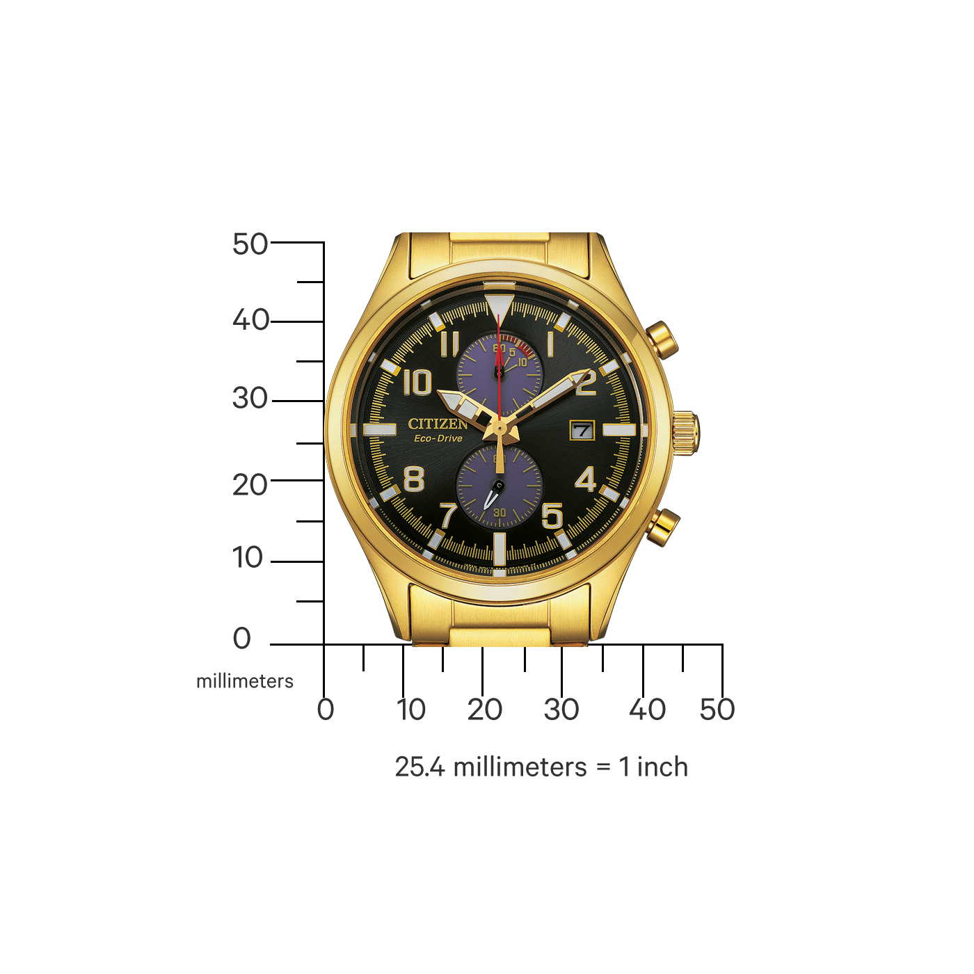 Goldfarbene Herrenuhr mit schwarzem Zifferblatt, roten Akzenten und Chronographenzählern