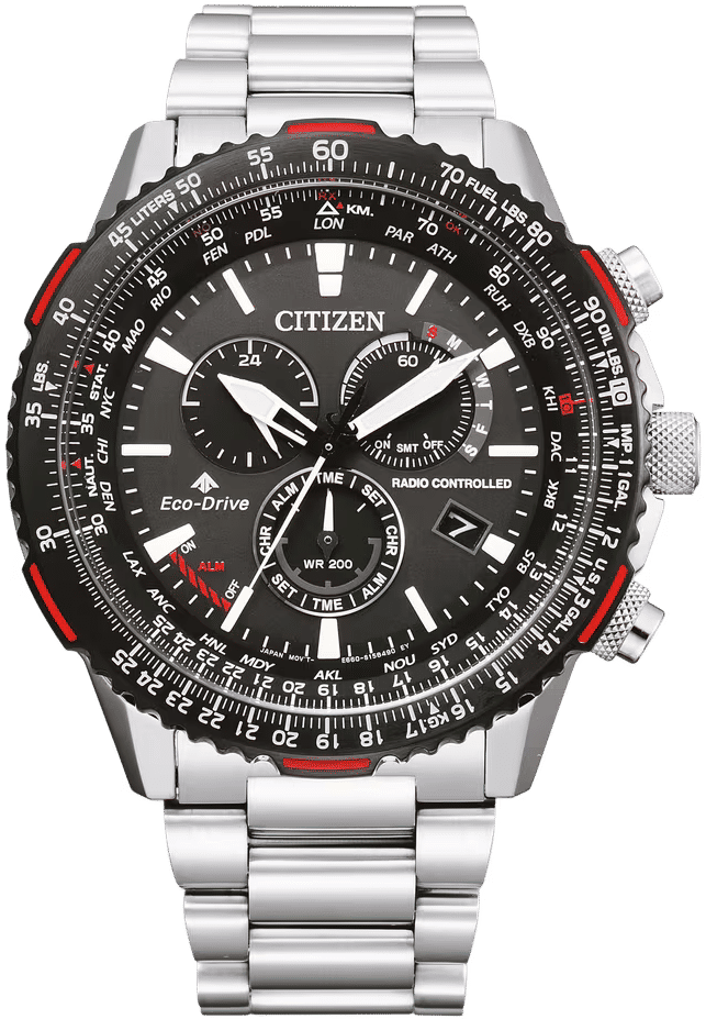 Citizen Sky Herrenuhr mit Edelstahlarmband, schwarzem Zifferblatt und roten Akzenten