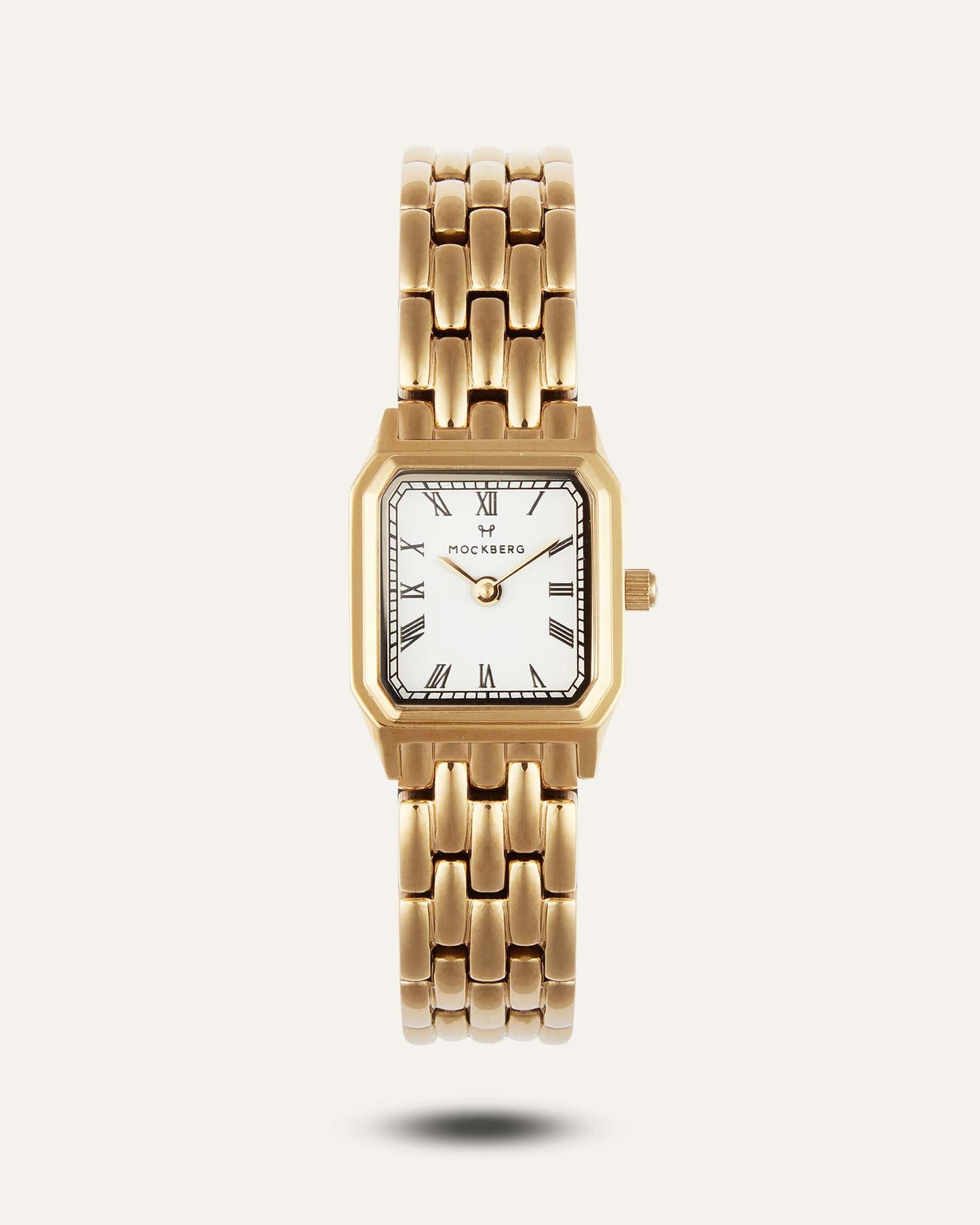 Goldene Damenarmbanduhr mit rechteckigem Gehäuse, weißem Zifferblatt und Gliederarmband