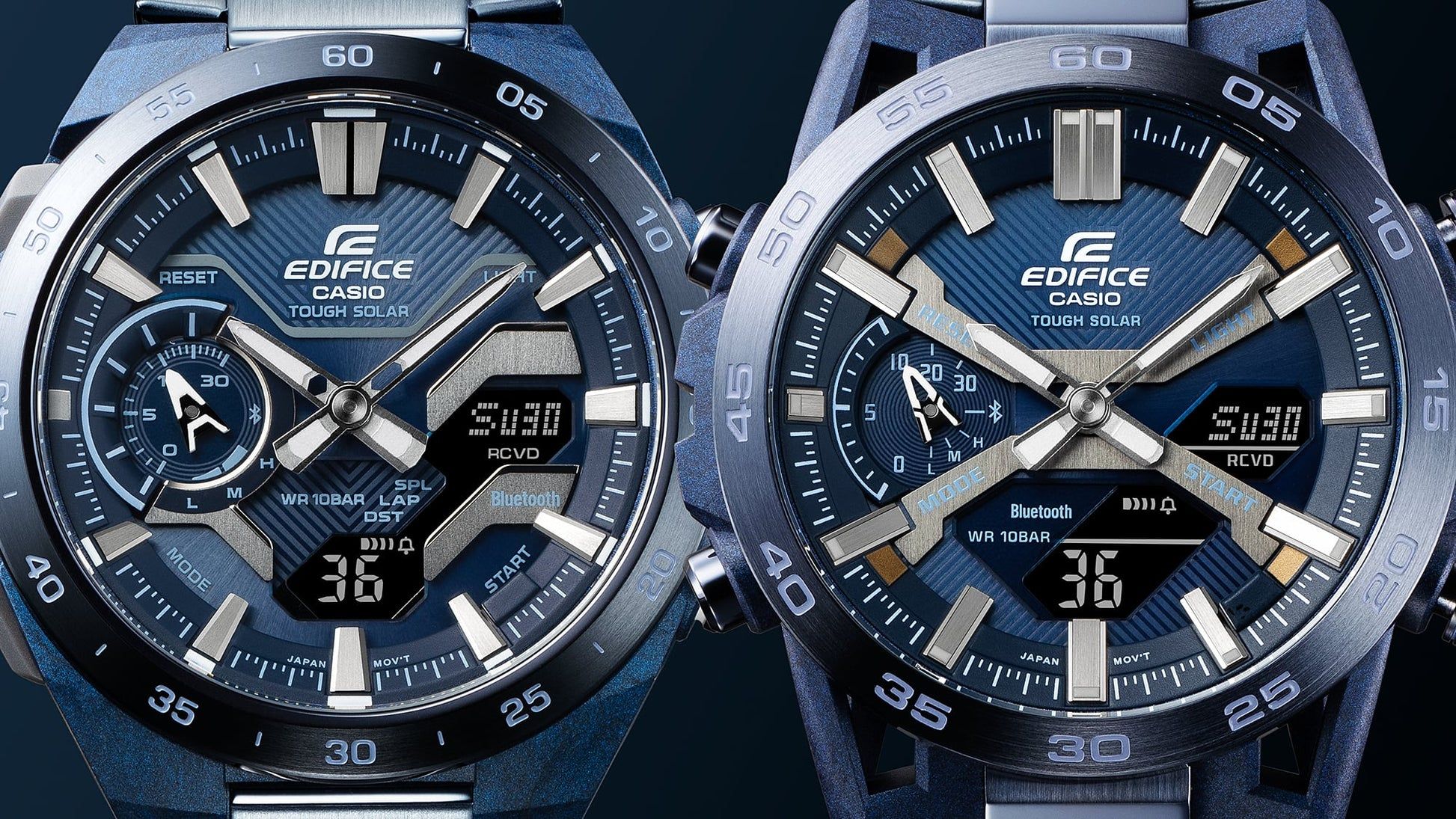 Zwei Perspektiven derselben blauen Edifice-Uhr: Vorderseite mit LCD-Anzeige und Tasten