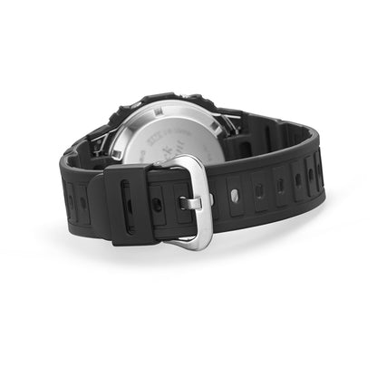 Schwarze G‑SHOCK Digitaluhr mit Kautschukarmband und Dornschließe, seitliche Ansicht