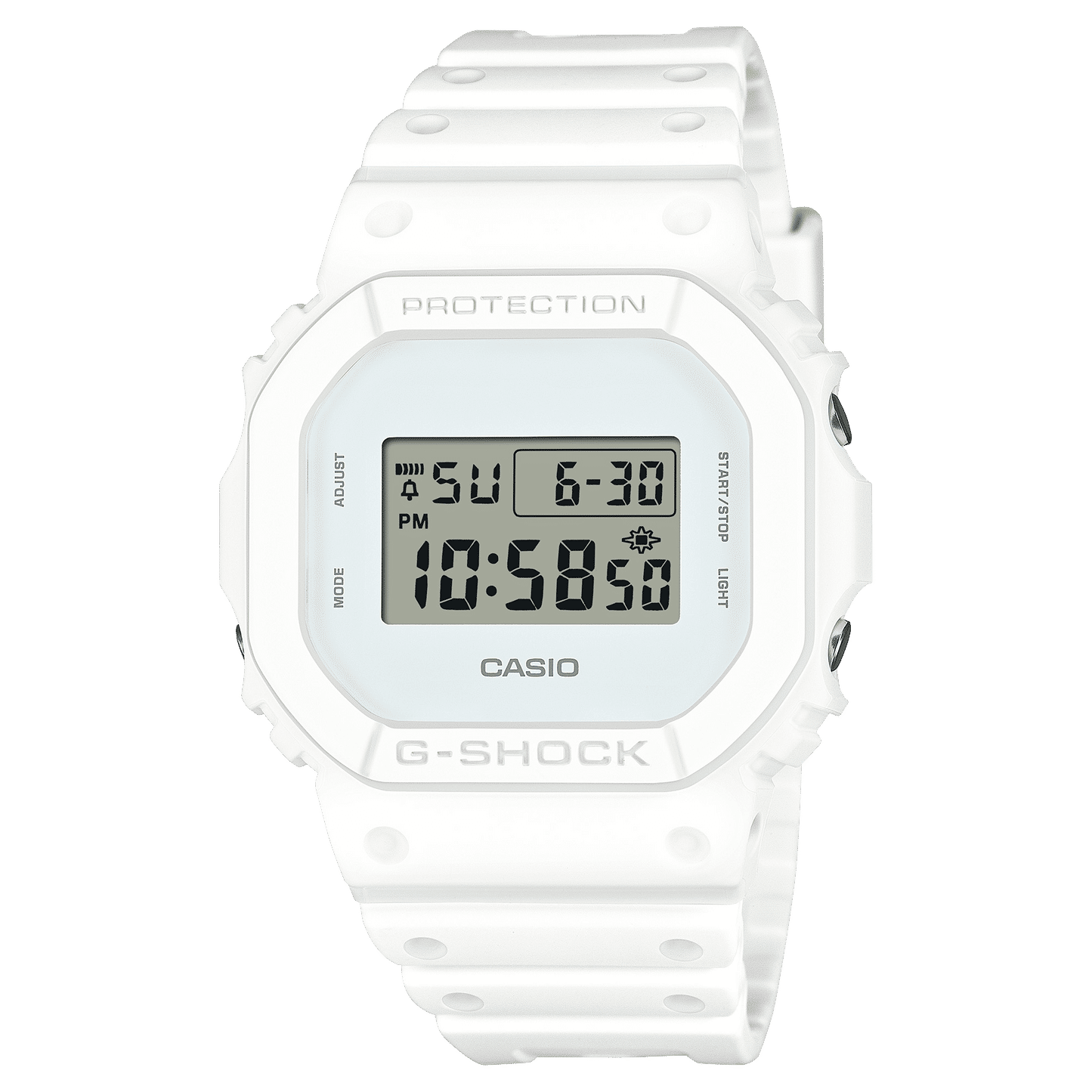 Weiße Quarz-Digitaluhr von Casio mit großem LCD-Display und geripptem Kunststoffband