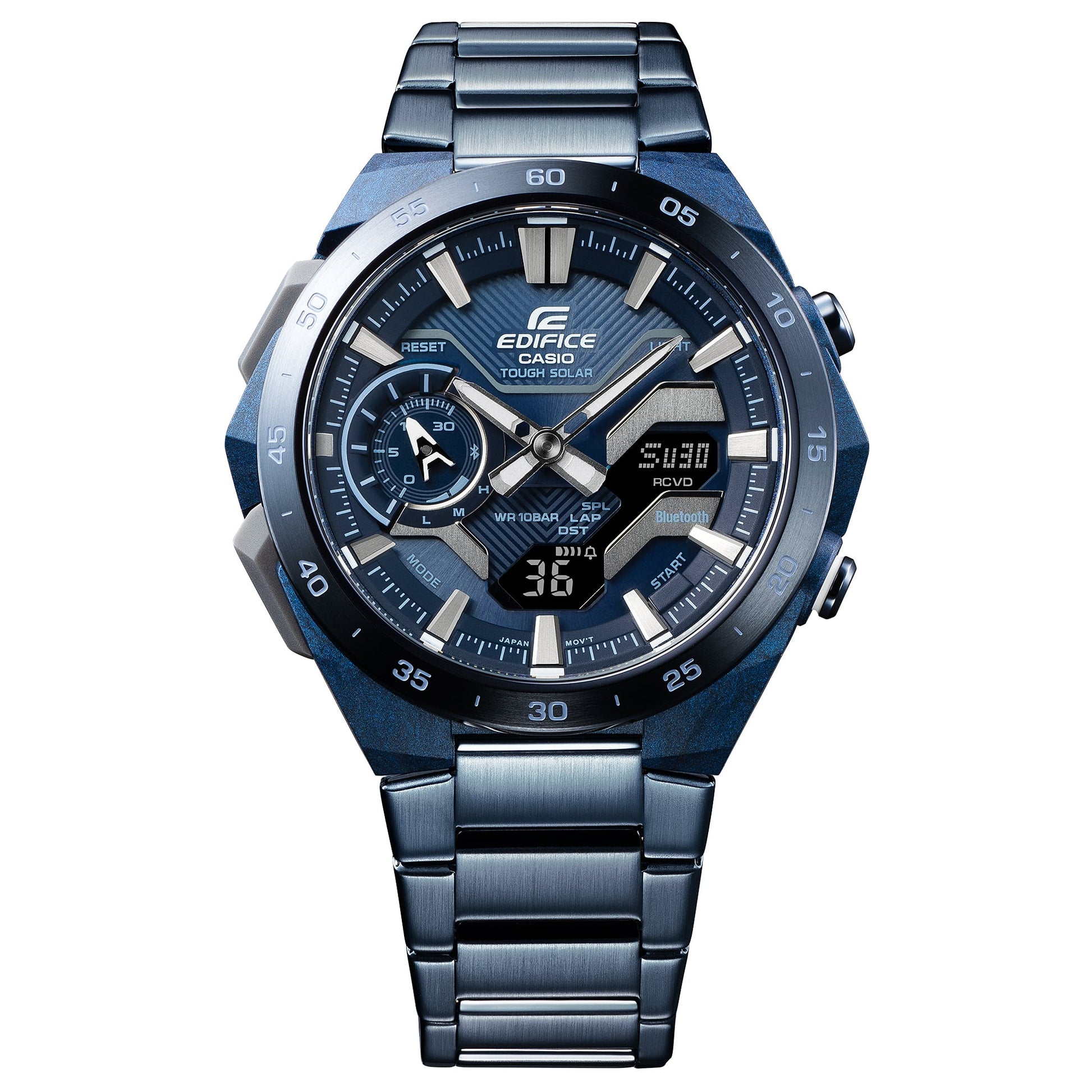 Herren-Armbanduhr mit blauem Zifferblatt und silberblauem Metallarmband, frontal